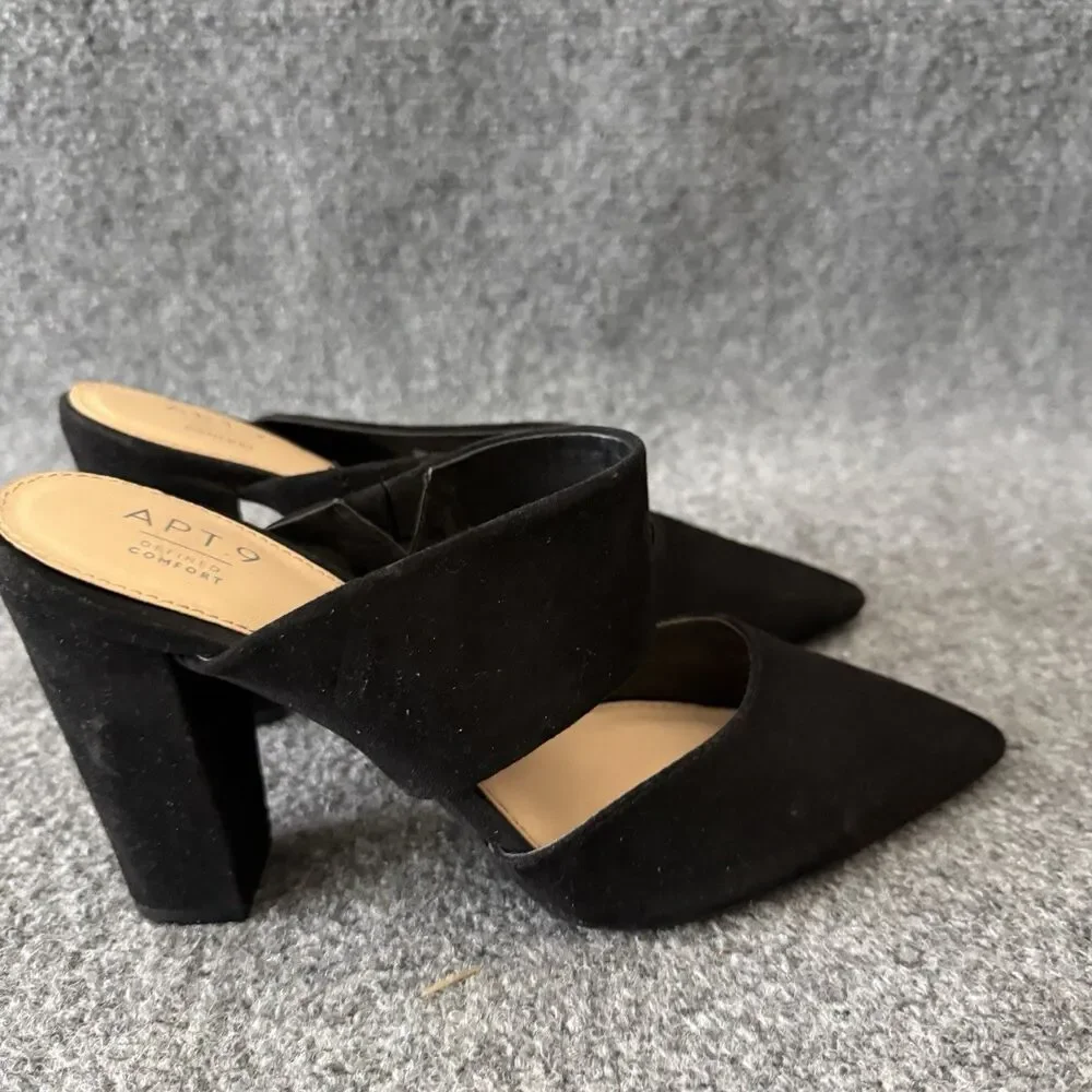 Apt. 9 Black Suede Pointed Toe Block Heel Mules Women's Slip On Dress Shoes 7.5M